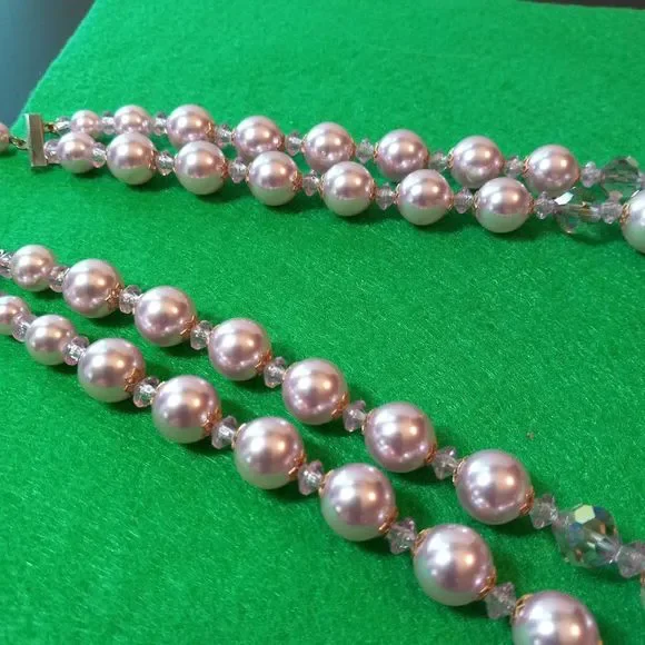 Pink Double Strand Faceted Iridescent Necklace Prom Wedding Special Event - Picture 7 of 7